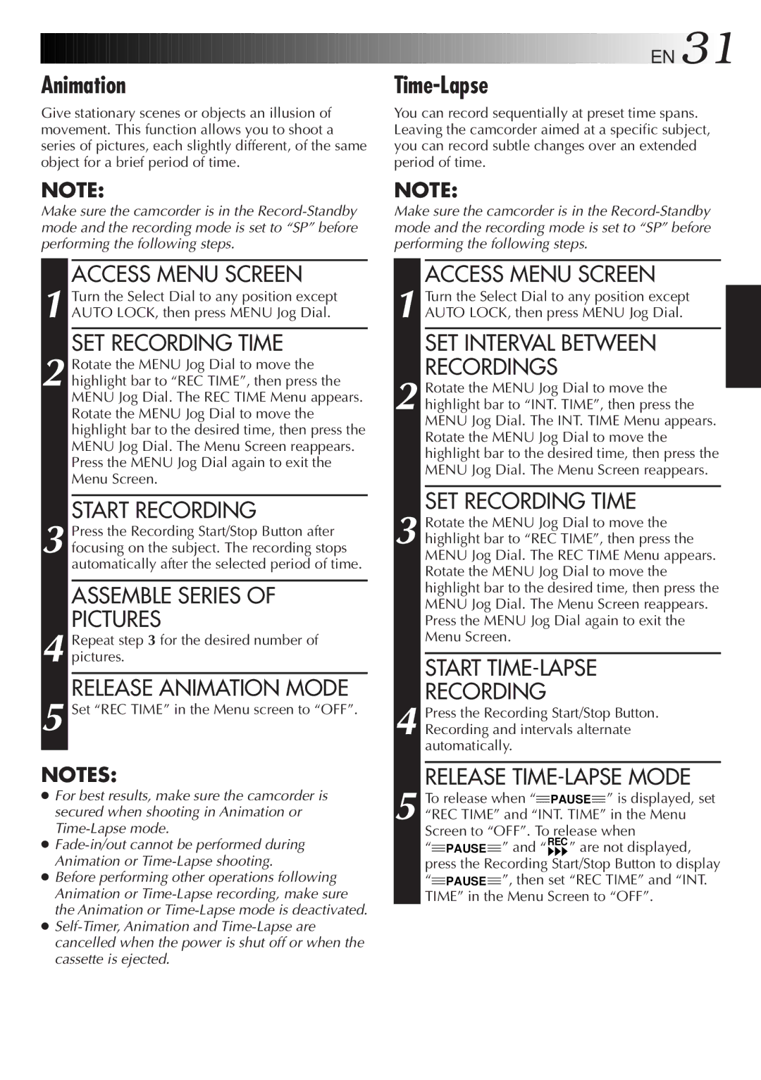 JVC 2EN instruction manual Time-Lapse, Release Animation Mode, SET Interval Between Recordings, SET Recording Time 