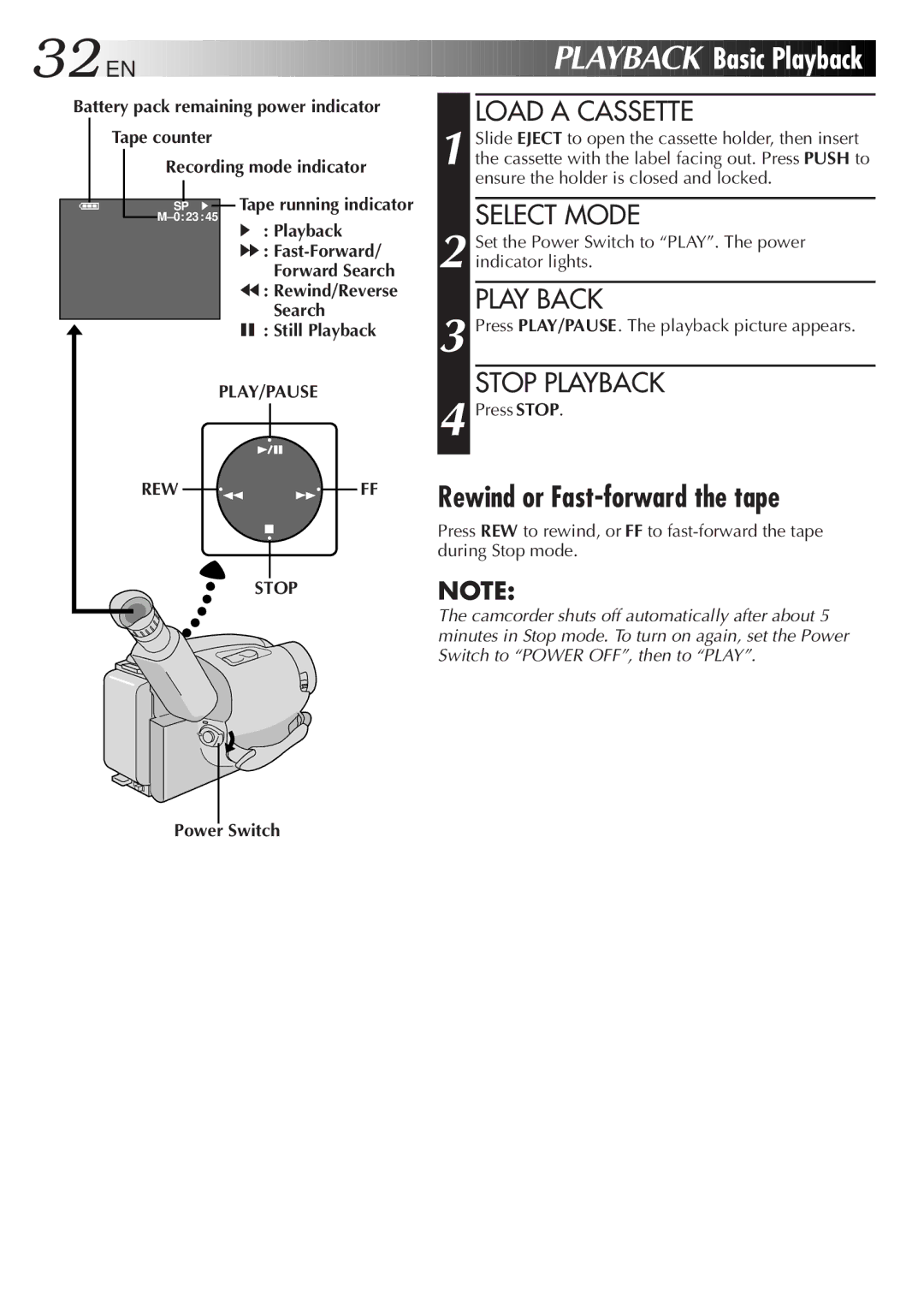 JVC 2EN instruction manual Basic Playback, Rewind or Fast-forward the tape, Play Back, Stop Playback 