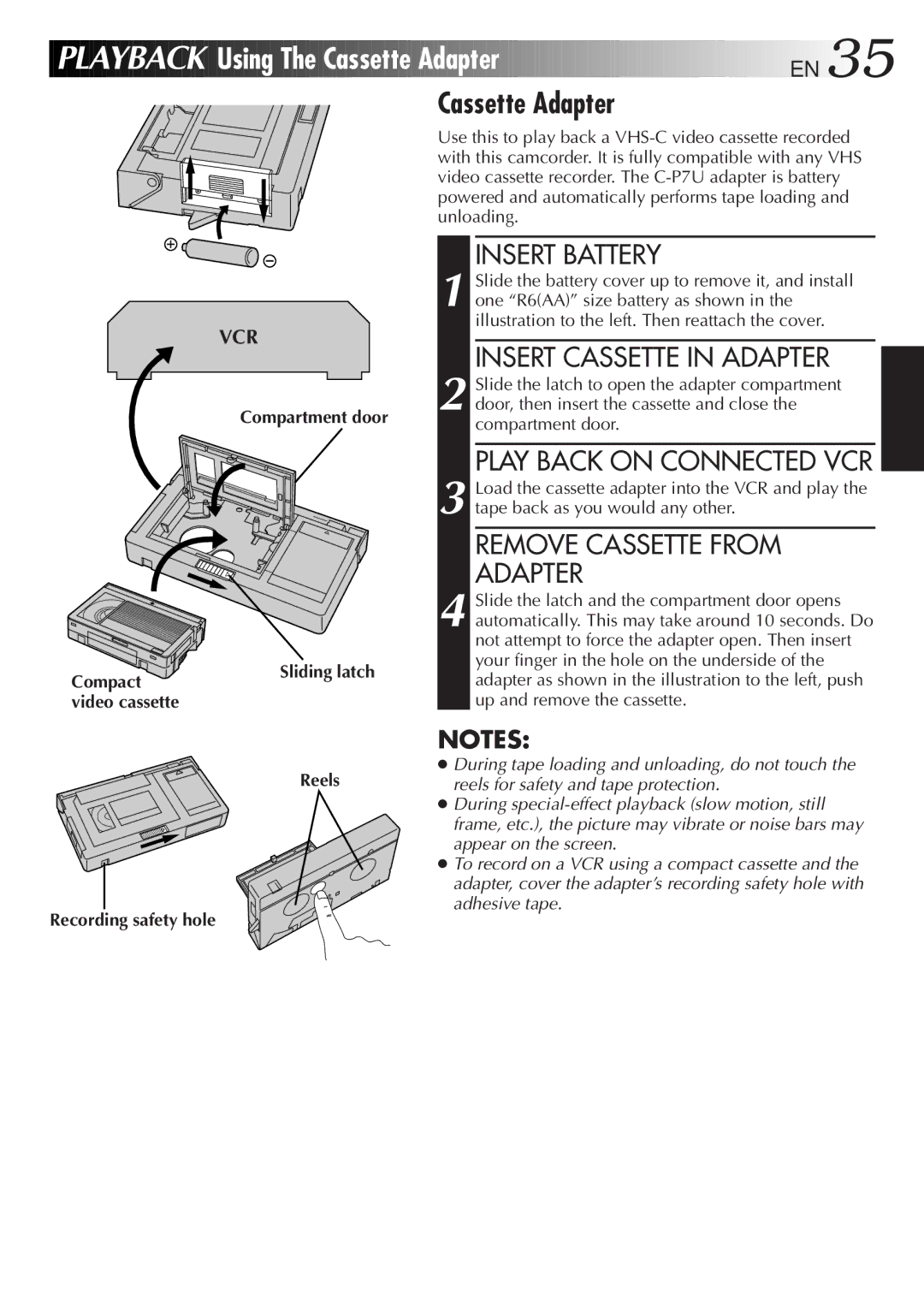 JVC 2EN instruction manual Using The Cassette Adapter EN, Insert Cassette in Adapter, Play Back on Connected VCR 