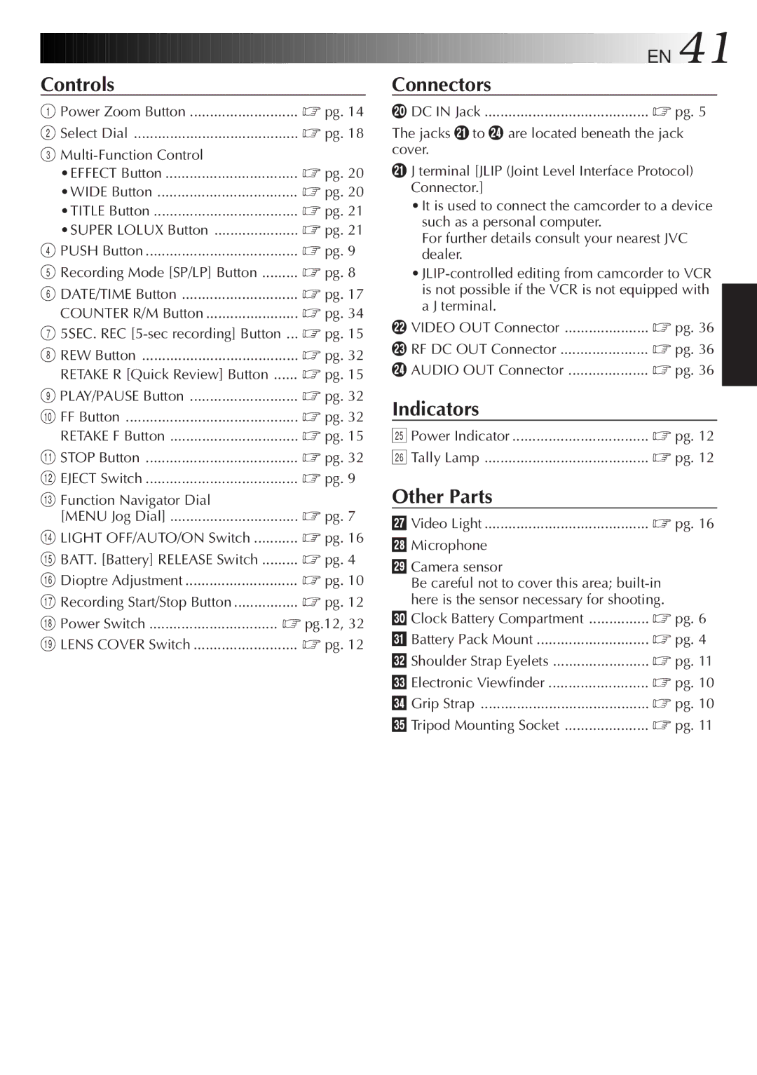 JVC 2EN Counter R/M Button, # Function Navigator Dial Menu Jog Dial, Power Switch Pg.12, Power Indicator Tally Lamp 