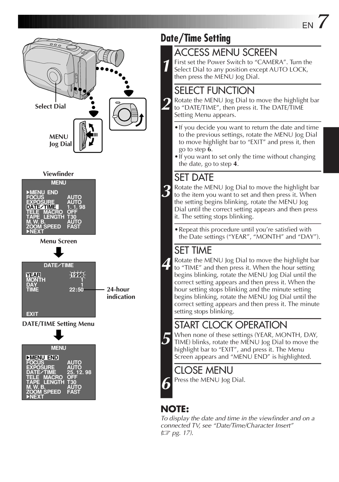 JVC 2EN instruction manual Select Dial, Jog Dial Viewfinder, DATE/TIME Setting Menu 