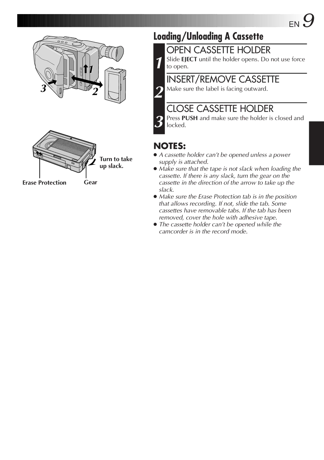 JVC 2EN Loading/Unloading a Cassette, Open Cassette Holder, INSERT/REMOVE Cassette, Close Cassette Holder 