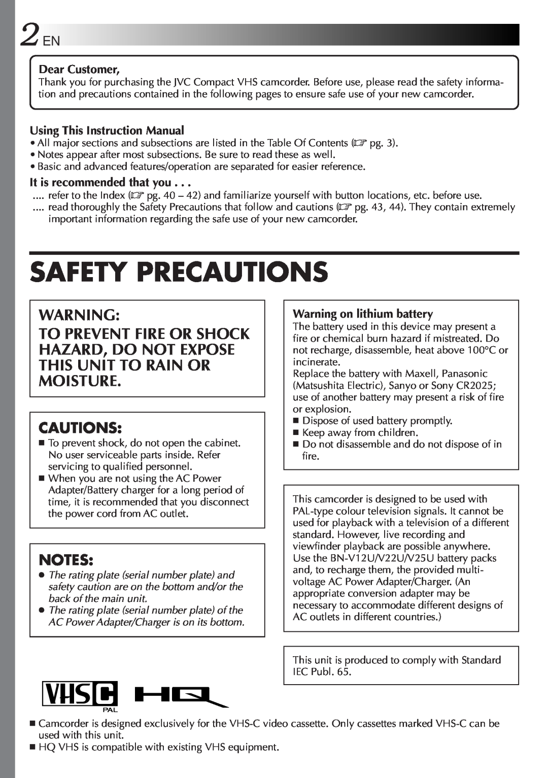 JVC 2EN instruction manual Cautions, Safety Precautions 