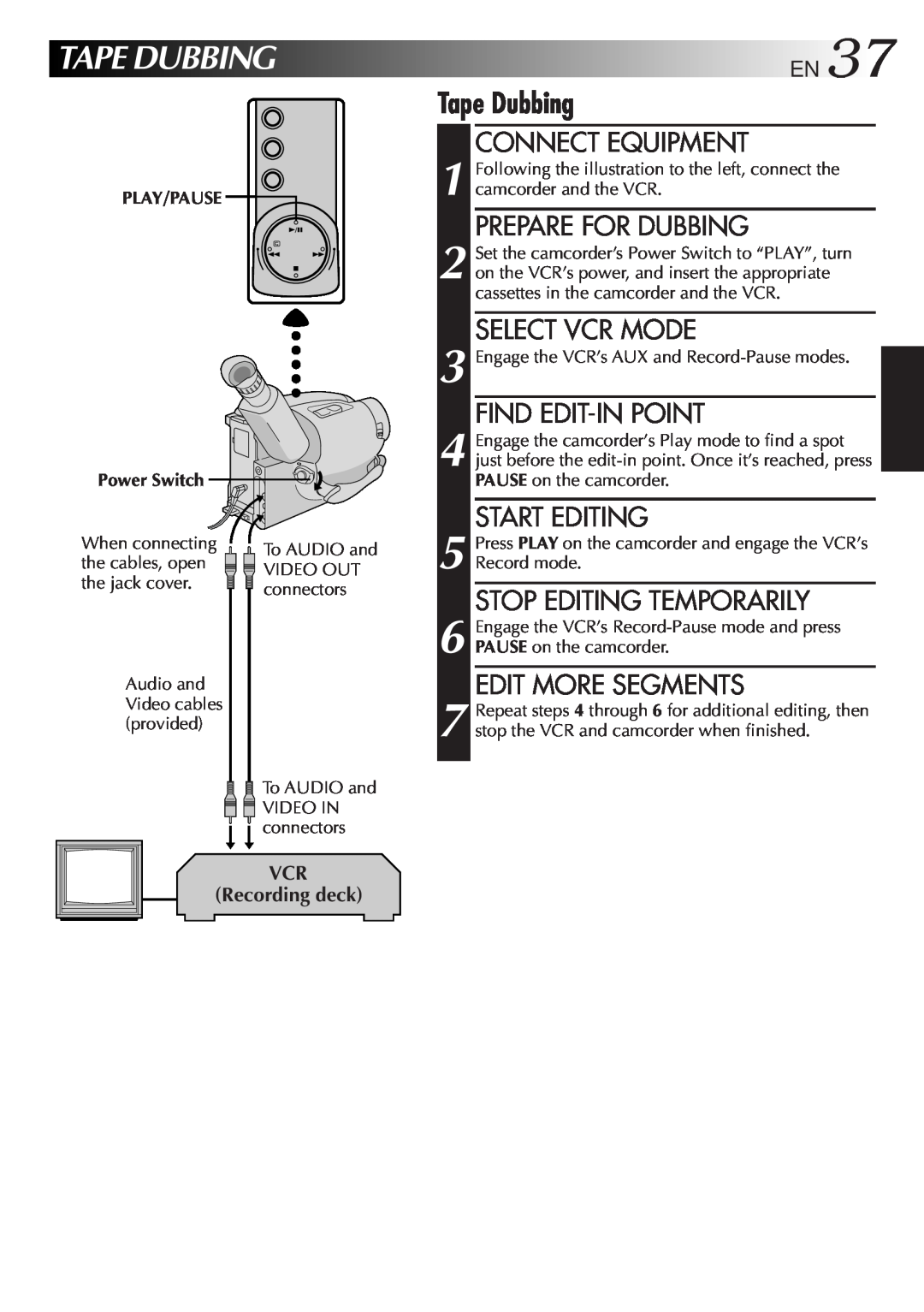 JVC 2EN instruction manual Tapedubbing, VCR Recording deck, Play/Pause, Power Switch 