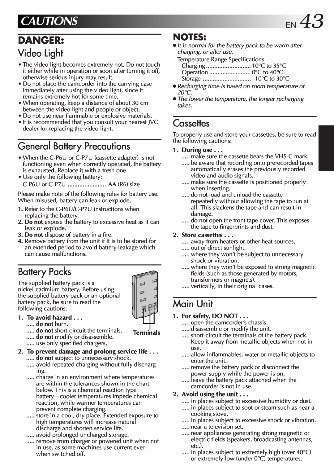 JVC 2EN Cautions, Danger, Video Light, General Battery Precautions, Cassettes, Battery Packs, Main Unit, EN43, During use 