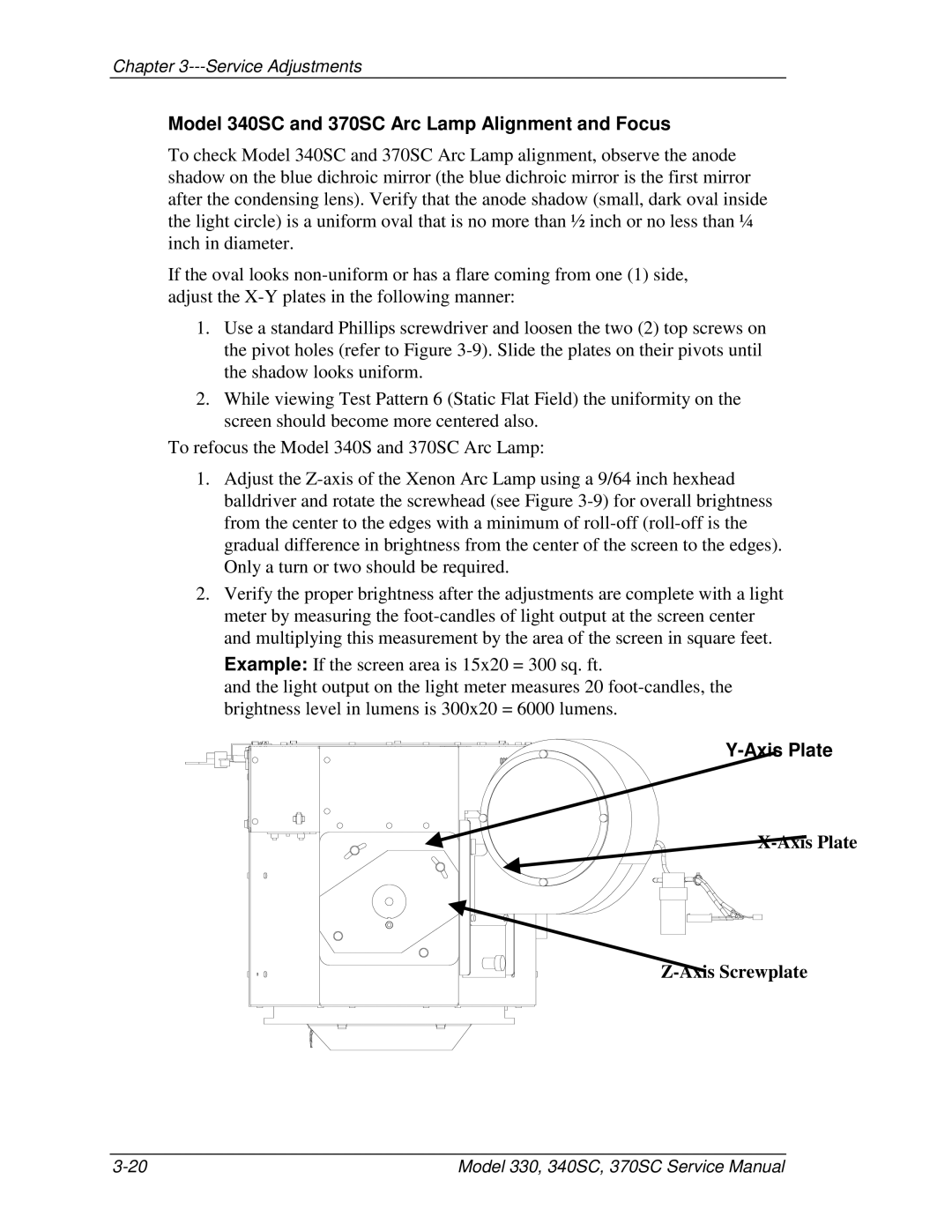 JVC 340 SC, 330, 370 SC service manual Model 340SC and 370SC Arc Lamp Alignment and Focus, Axis Plate 