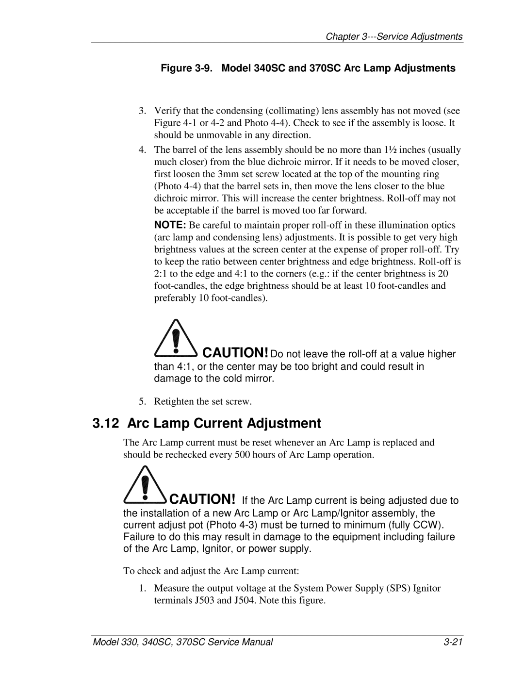 JVC 330, 370 SC, 340 SC service manual Arc Lamp Current Adjustment, Model 340SC and 370SC Arc Lamp Adjustments 