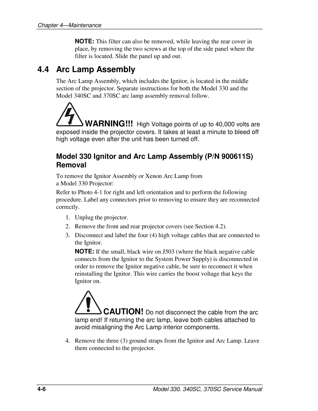 JVC 340 SC, 370 SC service manual Model 330 Ignitor and Arc Lamp Assembly P/N 900611S Removal 