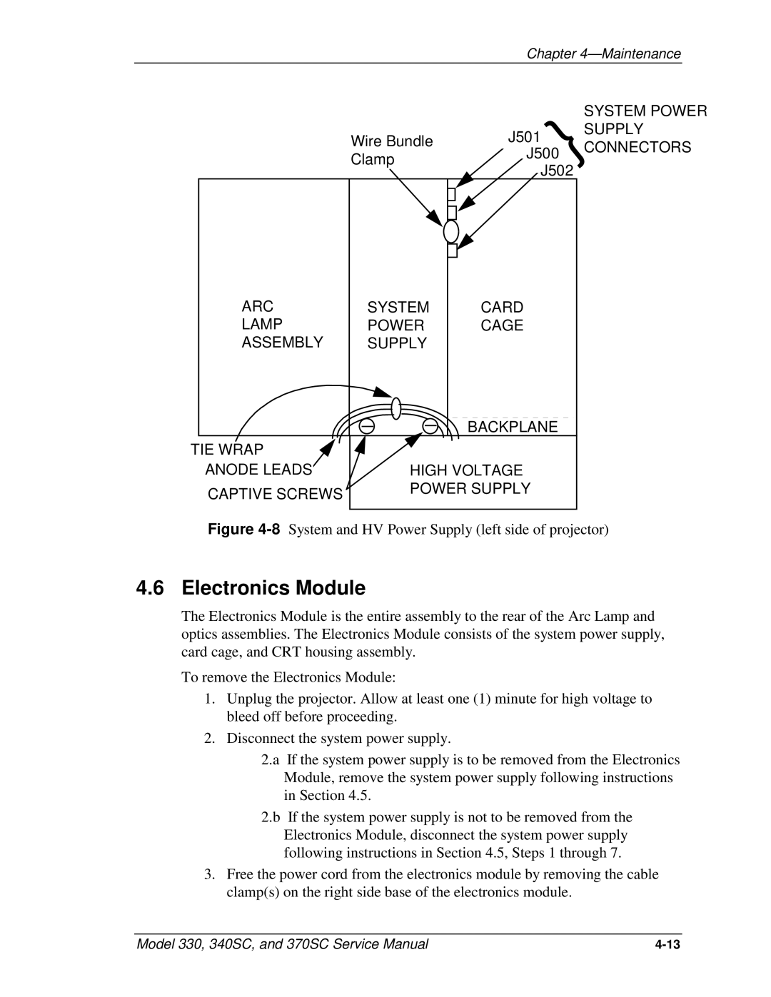 JVC 330, 370 SC, 340 SC service manual Electronics Module, System and HV Power Supply left side of projector 