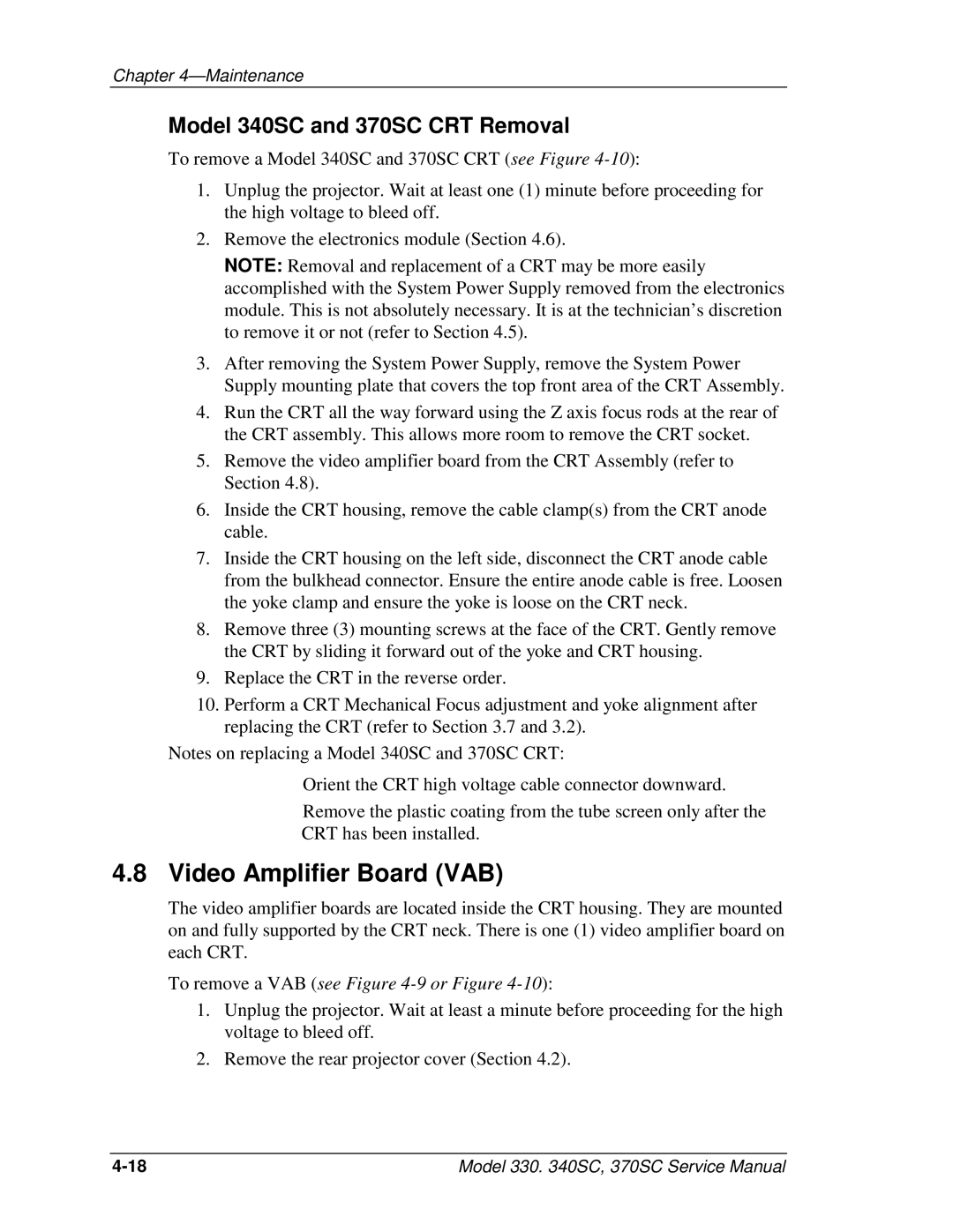 JVC 340 SC, 330, 370 SC service manual Video Amplifier Board VAB, Model 340SC and 370SC CRT Removal 