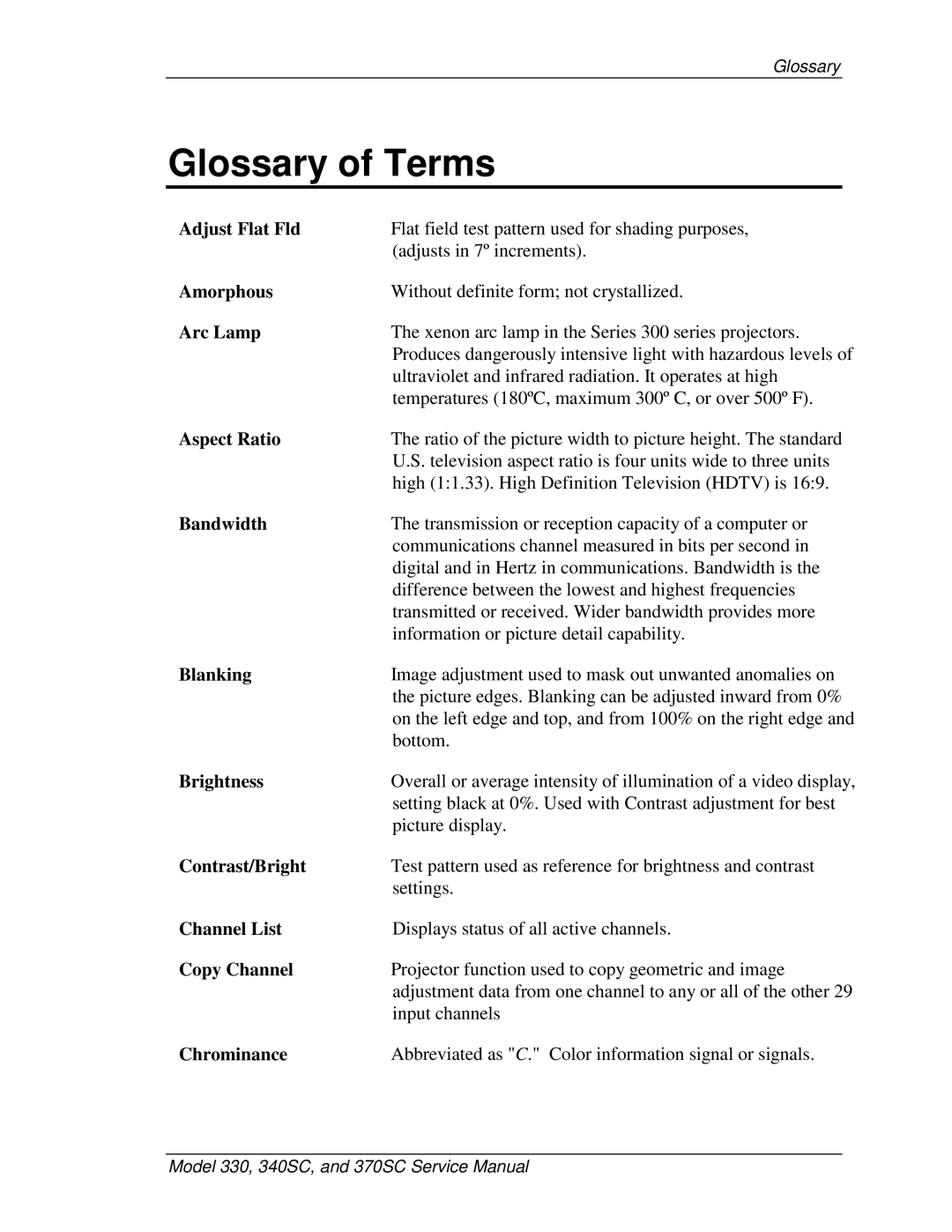 JVC 340 SC, 330, 370 SC service manual Glossary of Terms 