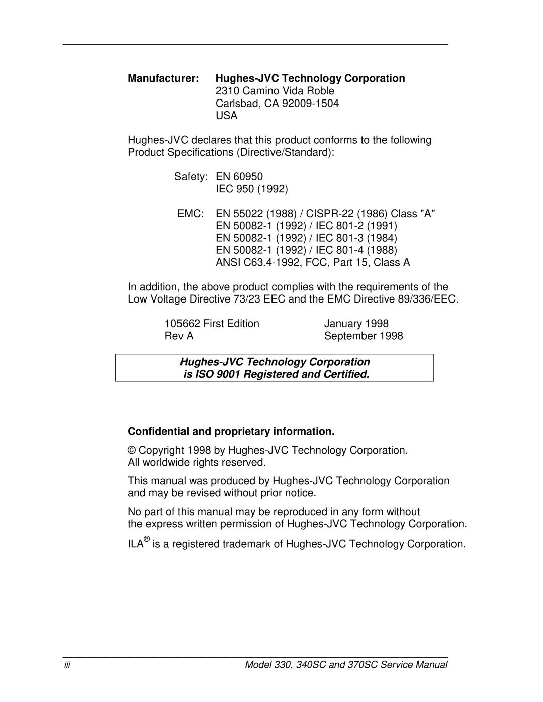 JVC 340 SC, 330, 370 SC Manufacturer Hughes-JVC Technology Corporation, Confidential and proprietary information 