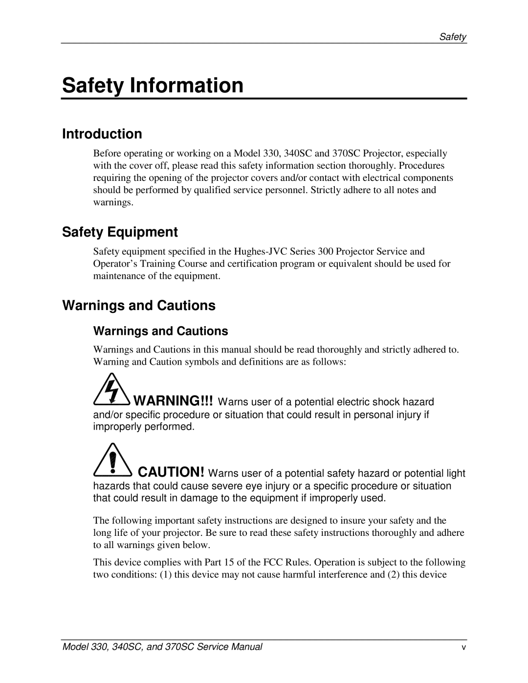 JVC 330, 370 SC, 340 SC service manual Introduction, Safety Equipment 