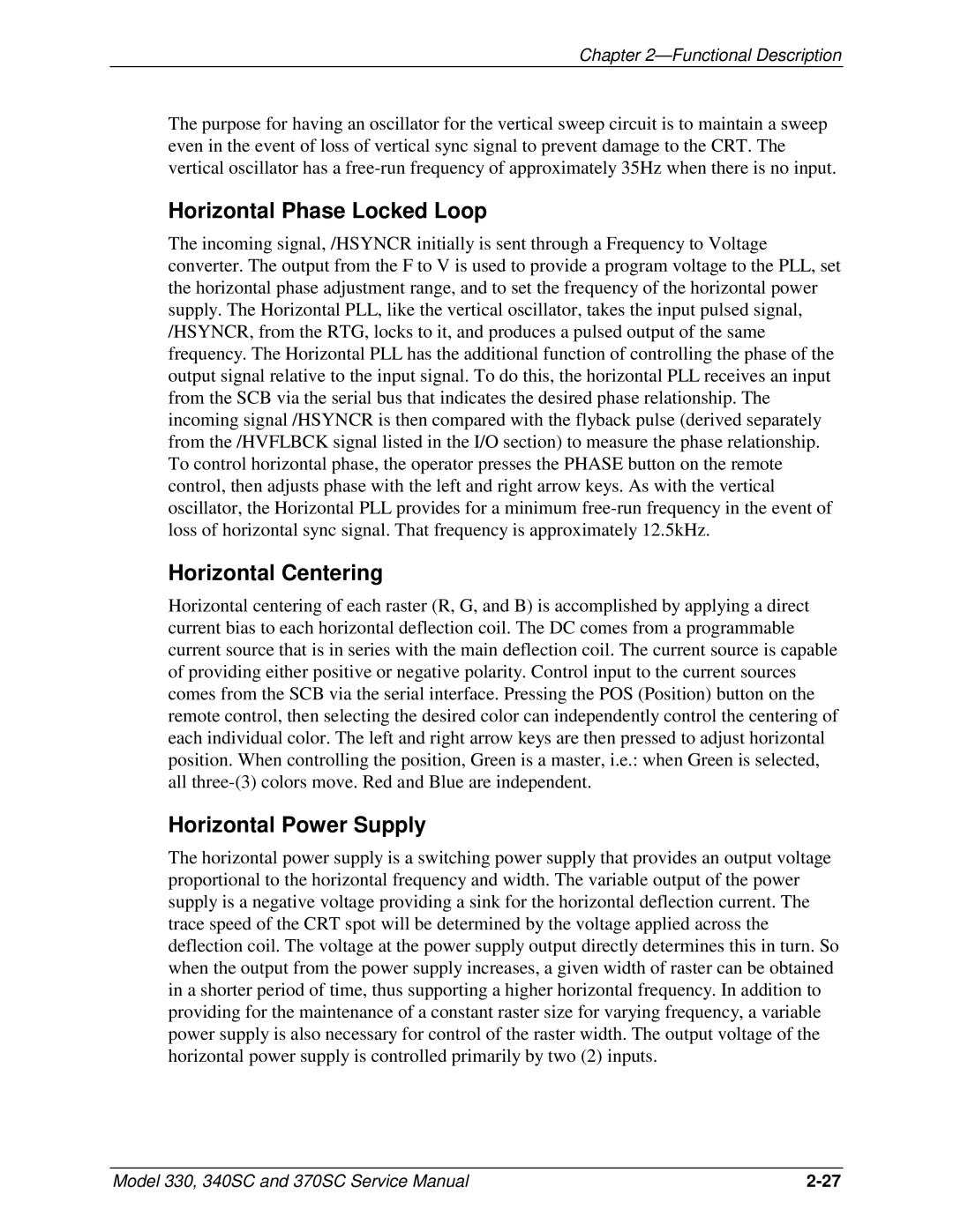 JVC 330, 370 SC, 340 SC service manual Horizontal Phase Locked Loop, Horizontal Centering, Horizontal Power Supply 