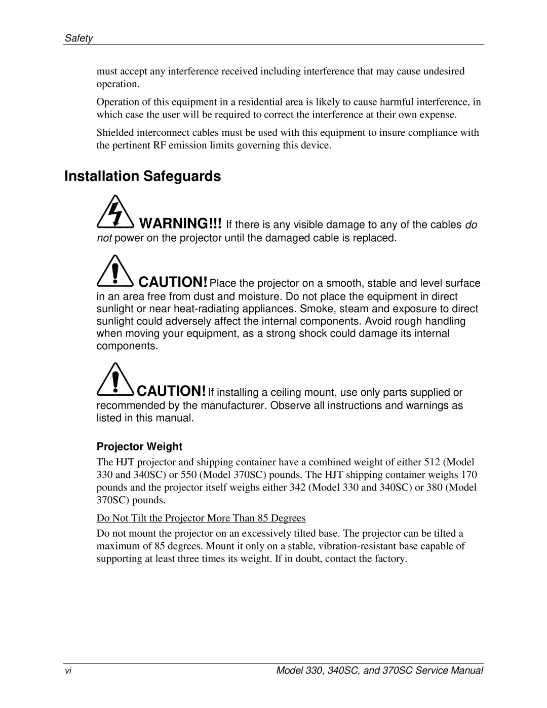 JVC 370 SC, 330, 340 SC service manual Installation Safeguards, Projector Weight 