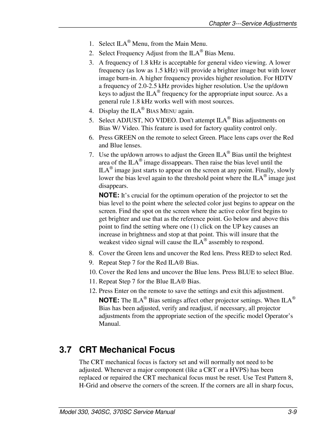 JVC 330, 370 SC, 340 SC service manual CRT Mechanical Focus 