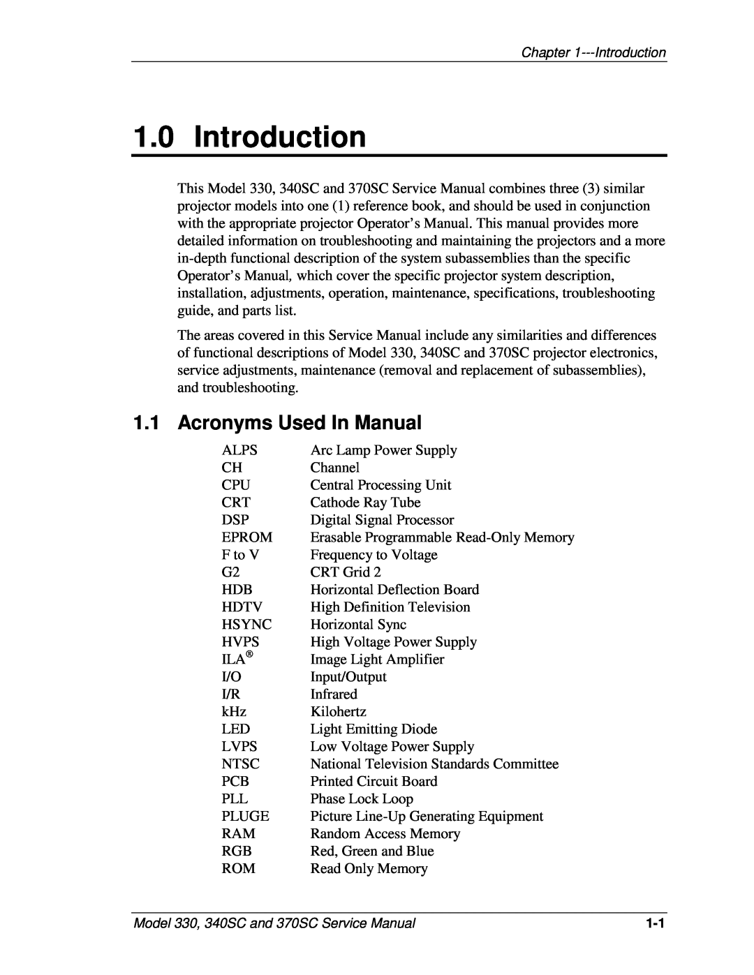 JVC 370 SC, 330, 340 SC service manual Introduction, Acronyms Used In Manual 