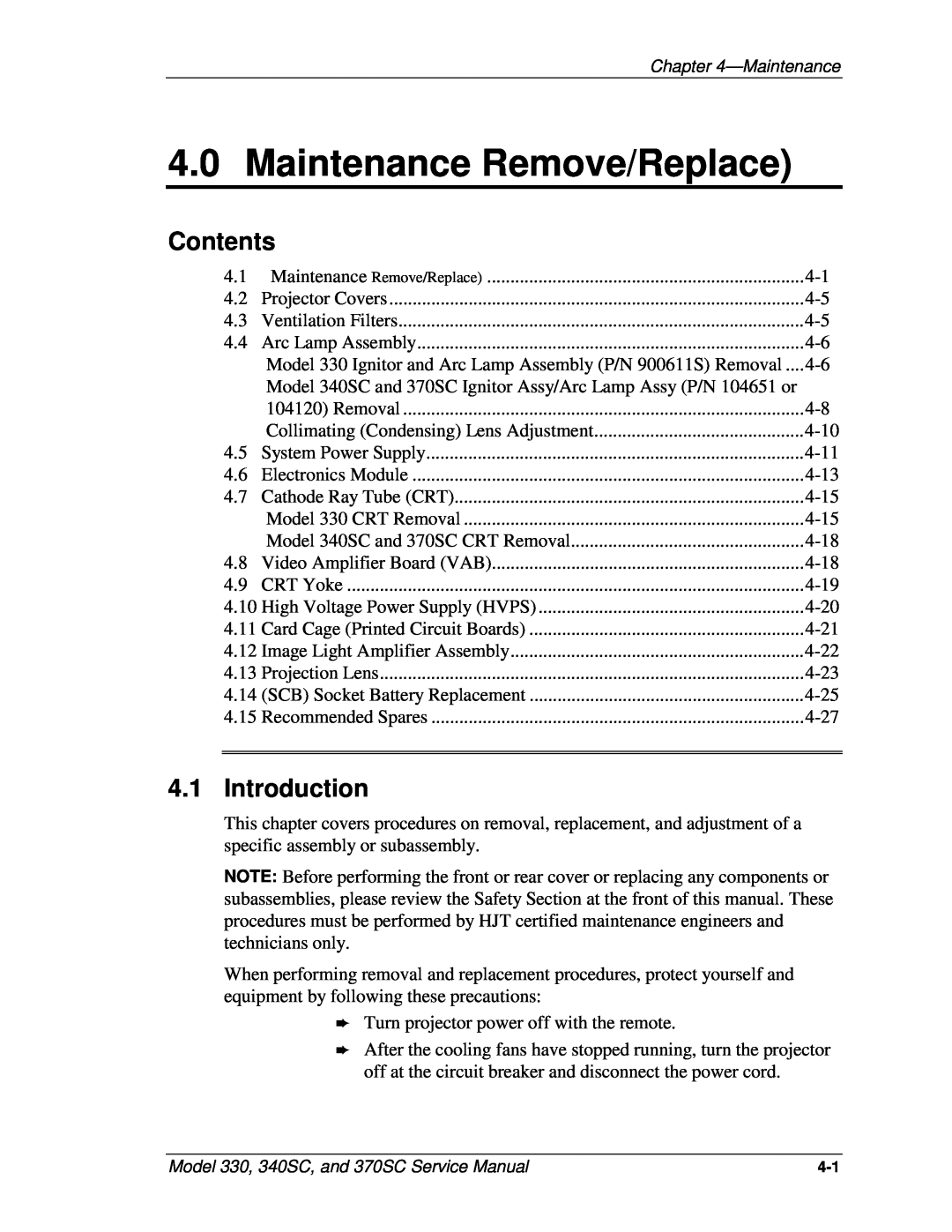 JVC 370 SC, 340 SC Maintenance Remove/Replace, Introduction, Contents, Model 330, 340SC, and 370SC Service Manual 