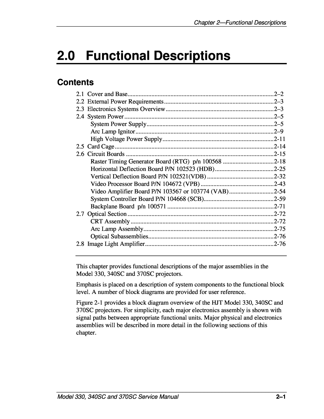 JVC 370 SC, 330, 340 SC service manual Functional Descriptions, Contents 