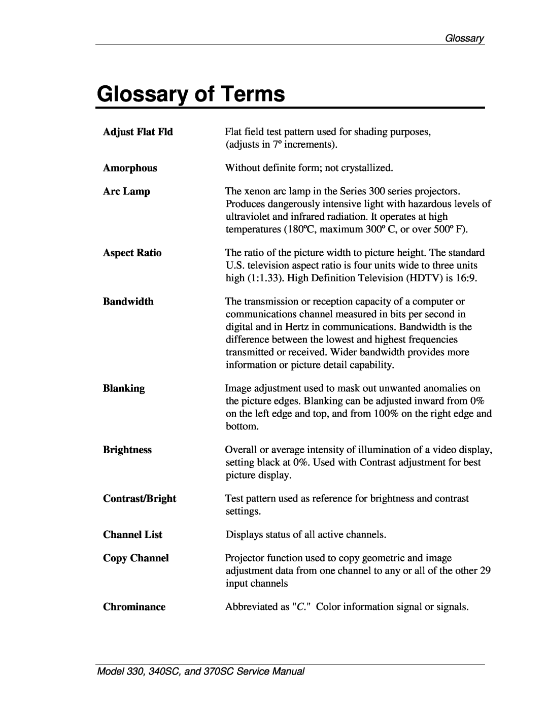 JVC 340 SC, 330, 370 SC service manual Glossary of Terms 