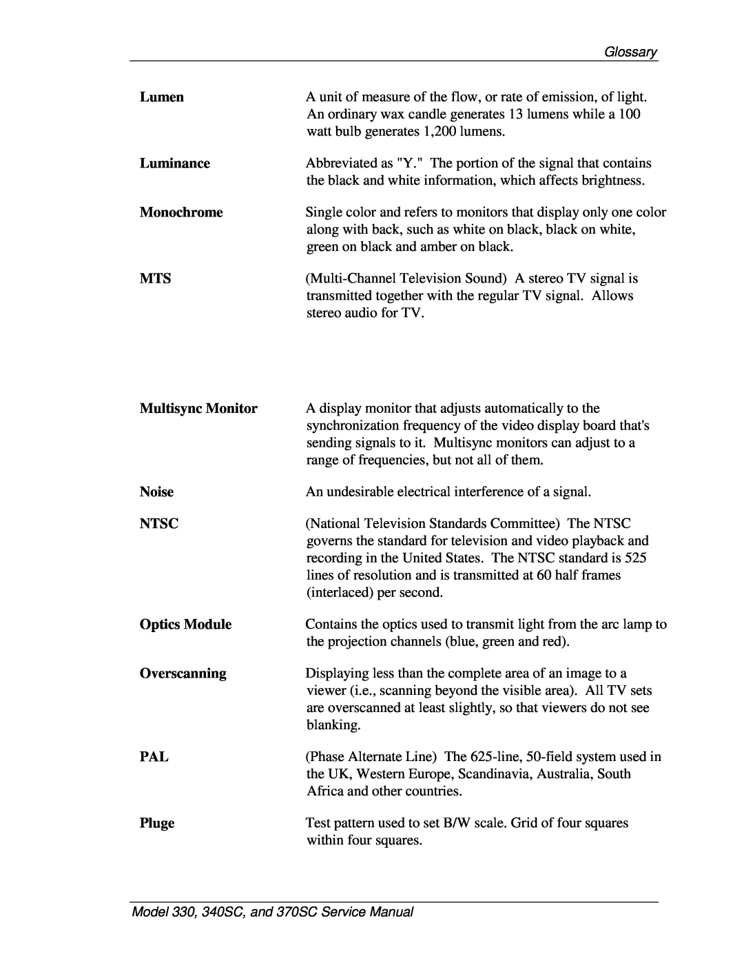 JVC 330, 370 SC, 340 SC service manual Lumen 