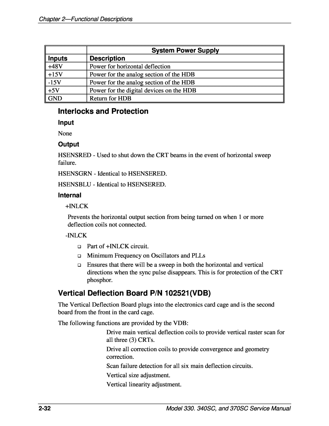 JVC 340 SC Vertical Deflection Board P/N 102521VDB, Interlocks and Protection, System Power Supply, Inputs, Description 