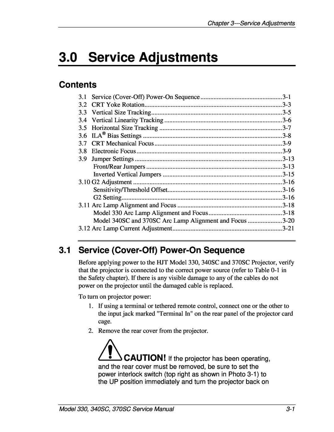 JVC 370 SC Service Adjustments, Service Cover-Off Power-On Sequence, Contents, Model 330, 340SC, 370SC Service Manual 