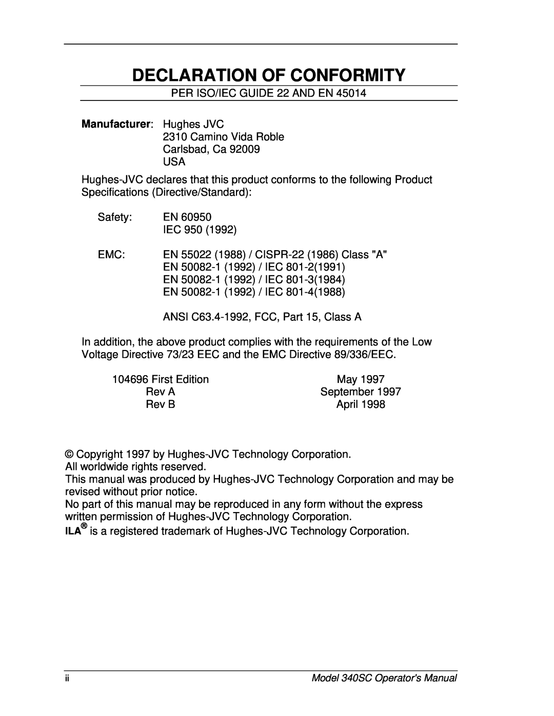 JVC 340SC manual Declaration Of Conformity, Manufacturer Hughes JVC 