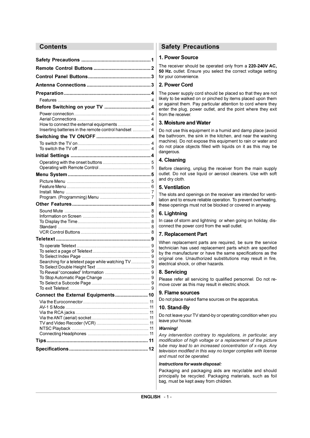 JVC 50050690 manual Contents, Safety Precautions 