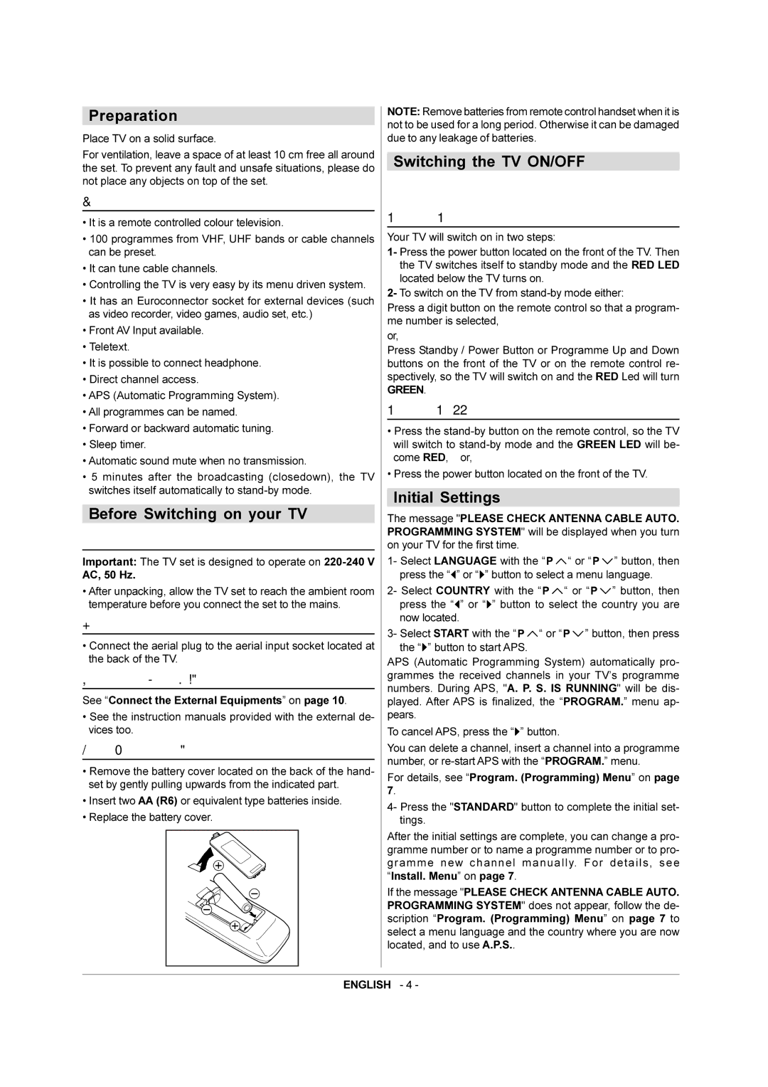 JVC 50052496 manual Preparation, Before Switching on your TV, Switching the TV ON/OFF, Initial Settings 