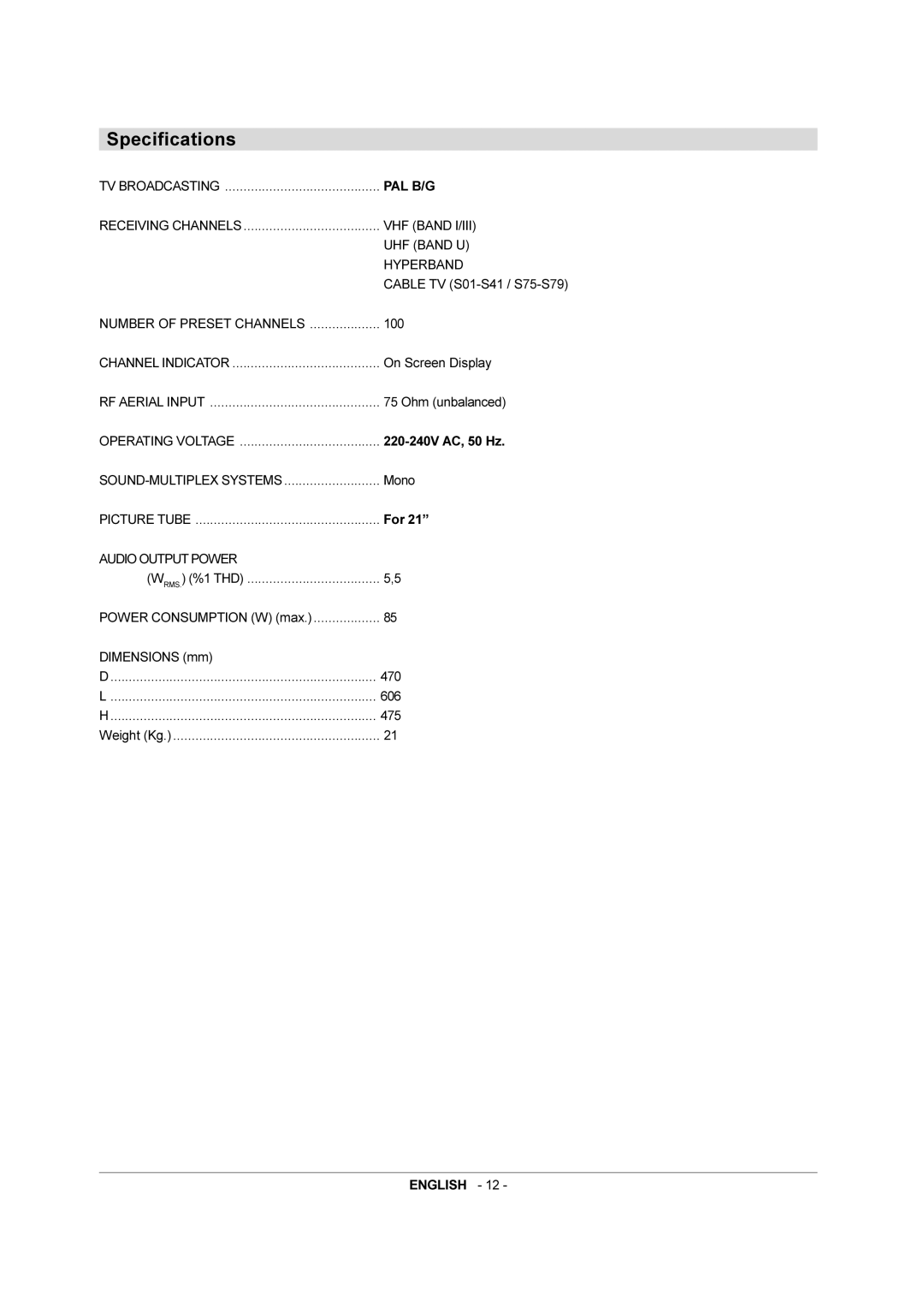 JVC 50052496 manual Specifications 