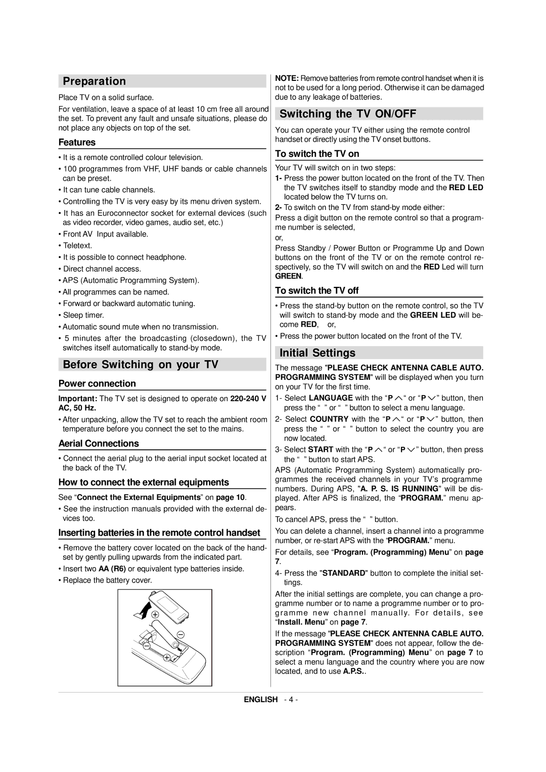 JVC 50052496 manual Preparation, Before Switching on your TV, Switching the TV ON/OFF, Initial Settings 