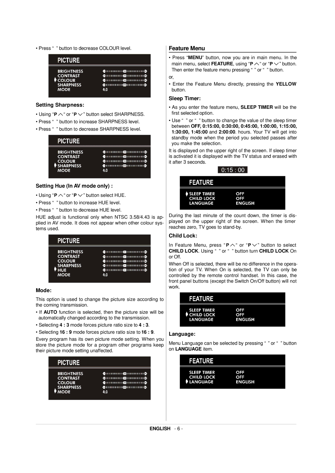 JVC 50052496 manual Feature Menu, Setting Sharpness 