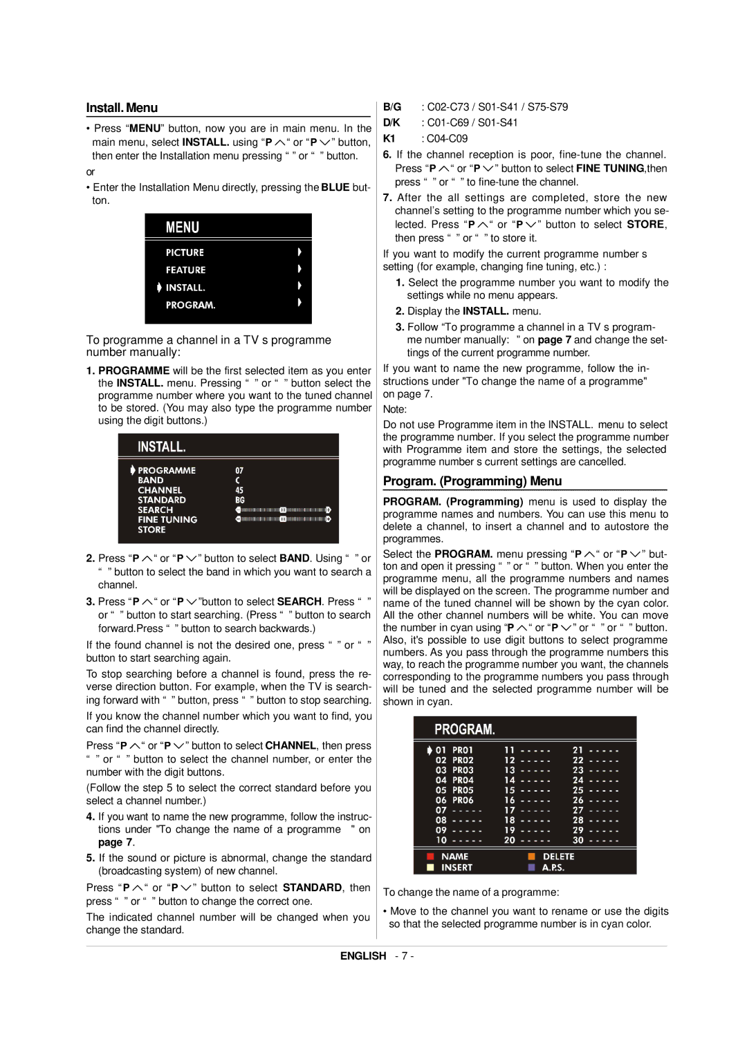 JVC 50052496 manual Install. Menu, Program. Programming Menu 