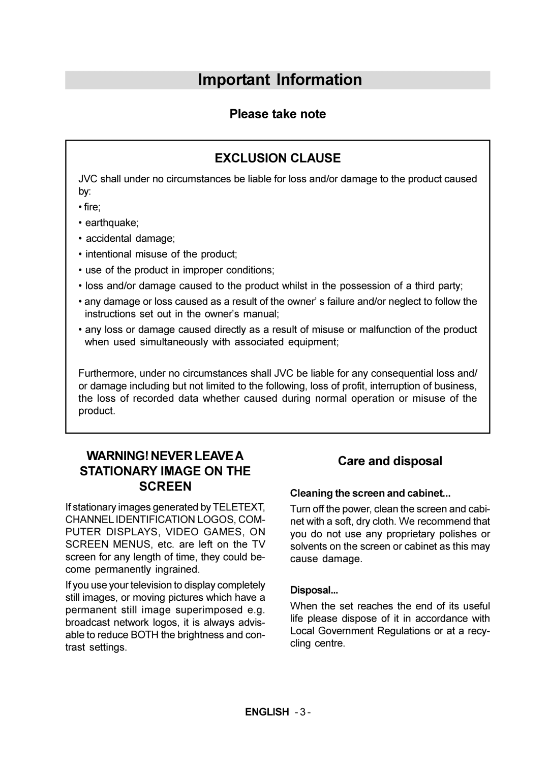 JVC 50059704 manual Important Information 