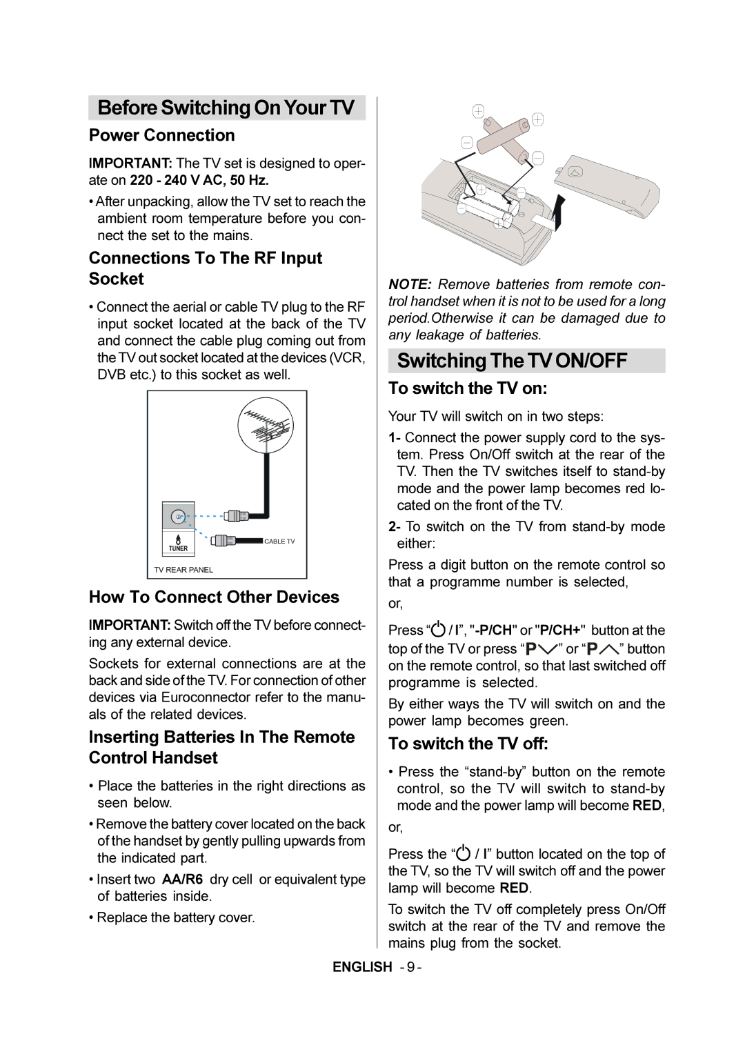 JVC 50059704 manual Switching The TV ON/OFF 