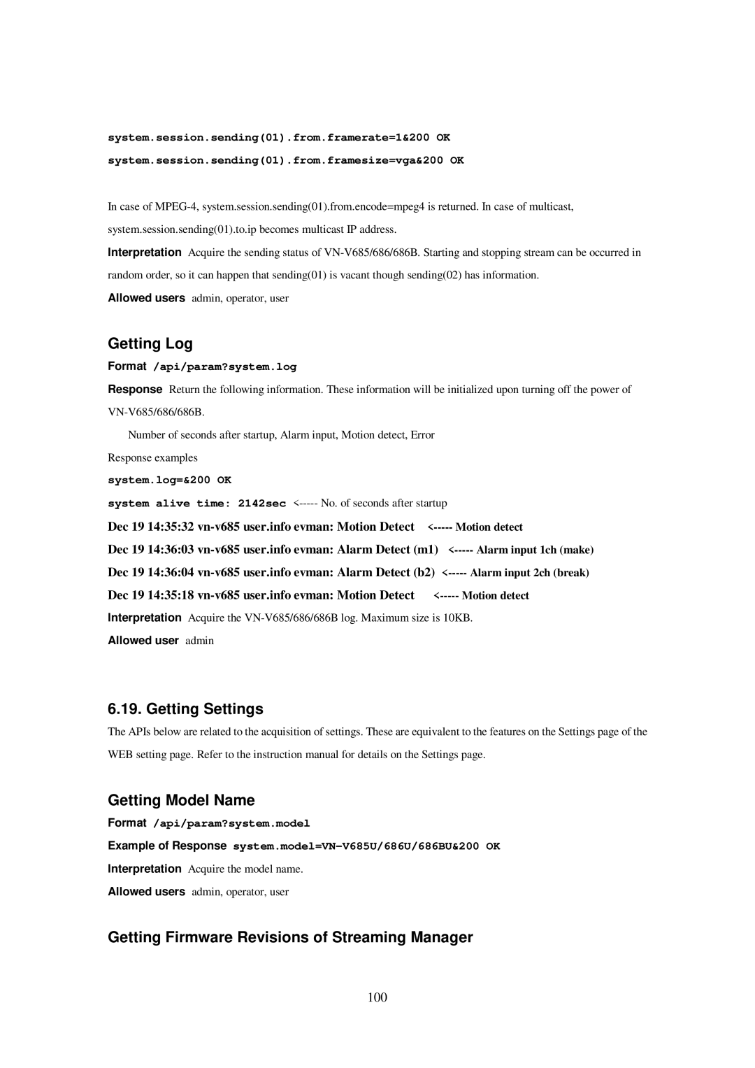 JVC 686BU, 686U Getting Log, Getting Settings Getting Model Name, Getting Firmware Revisions of Streaming Manager, 100 