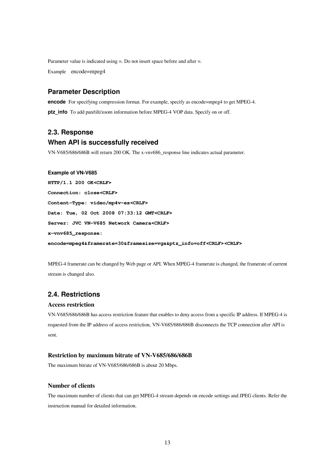 JVC 686BU, 686U, VN-V685U manual Parameter Description, Response When API is successfully received 