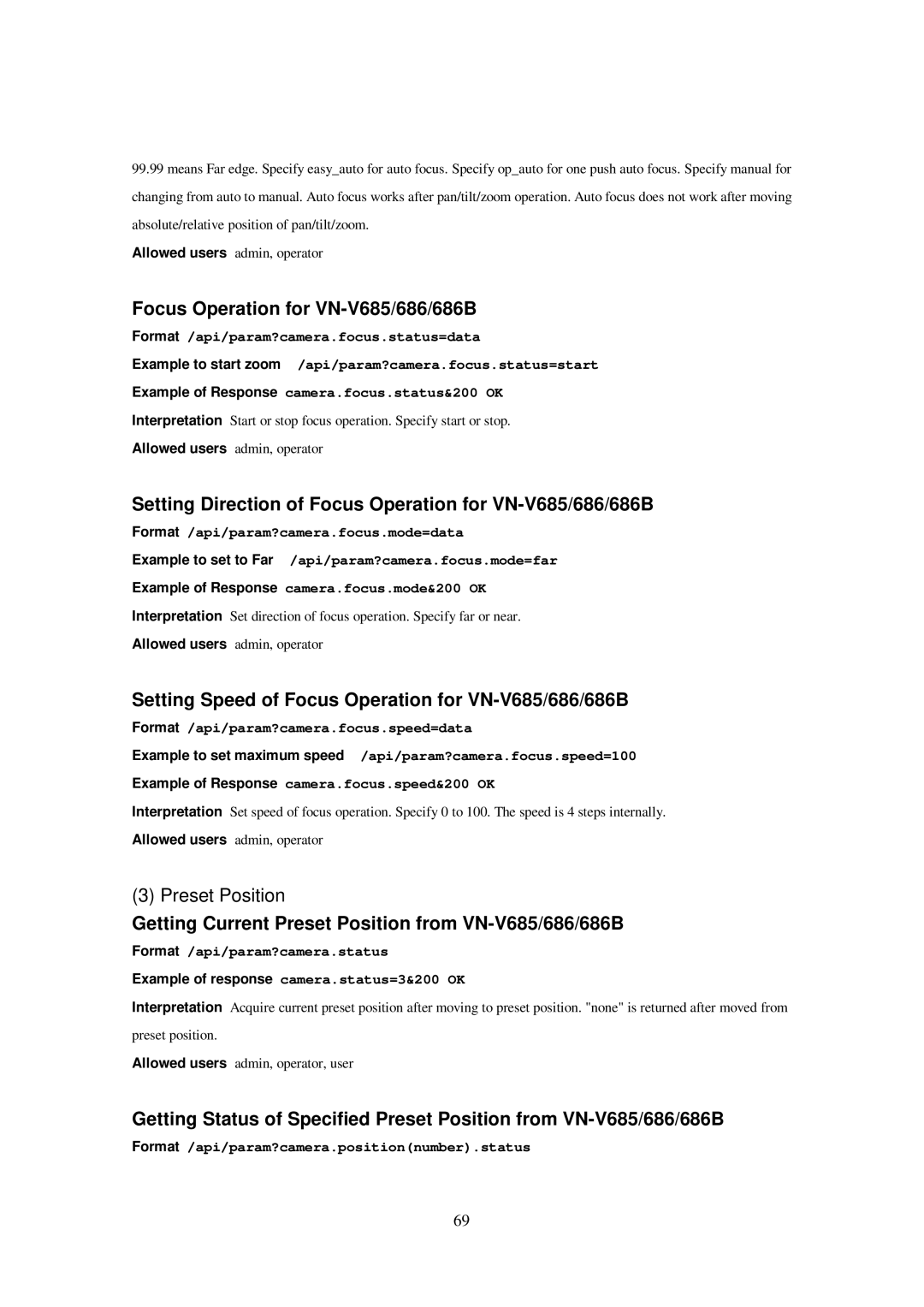 JVC 686U Setting Direction of Focus Operation for VN-V685/686/686B, Format /api/param?camera.positionnumber.status 