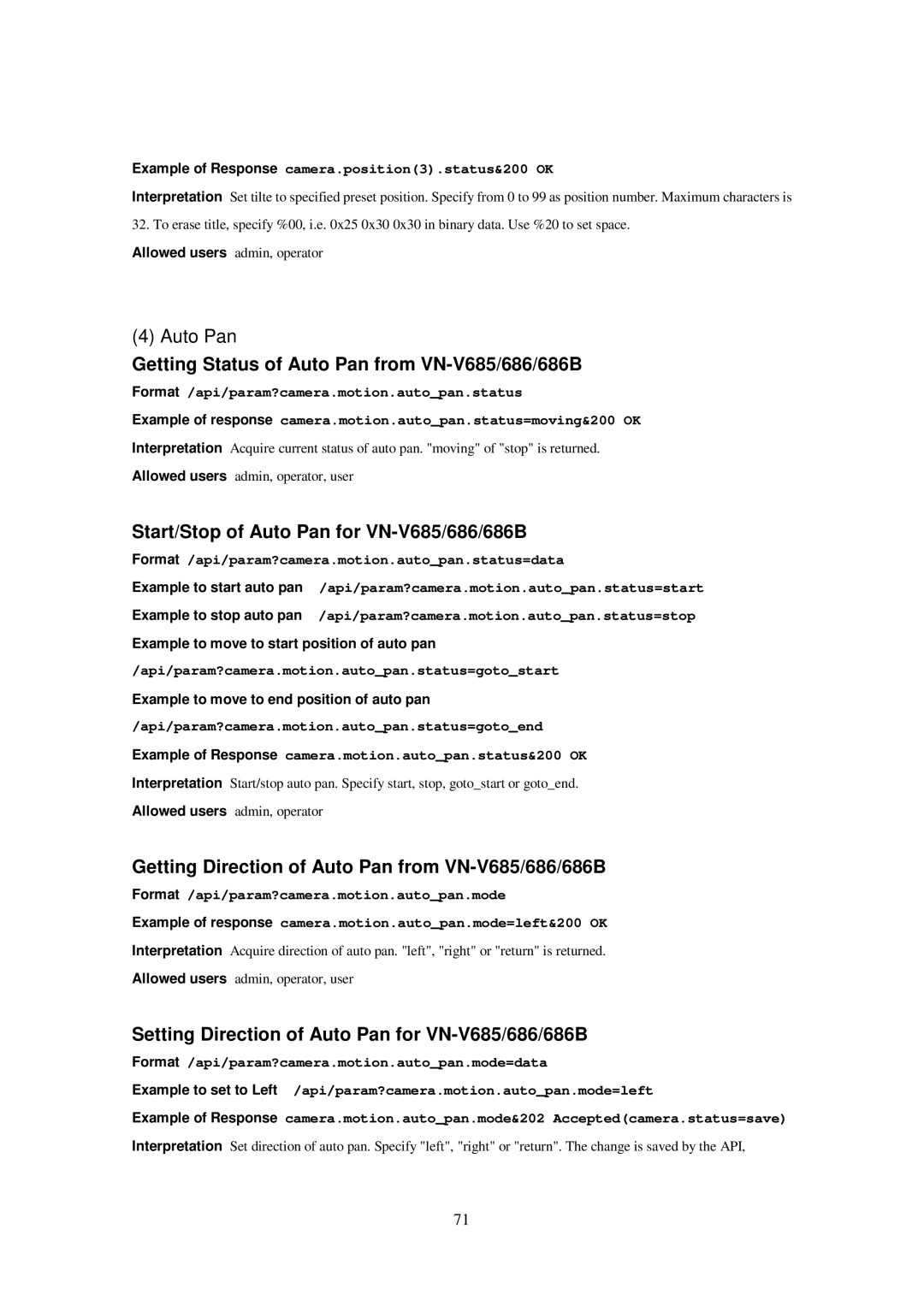 JVC VN-V685U, 686U, 686BU Getting Status of Auto Pan from VN-V685/686/686B, Start/Stop of Auto Pan for VN-V685/686/686B 