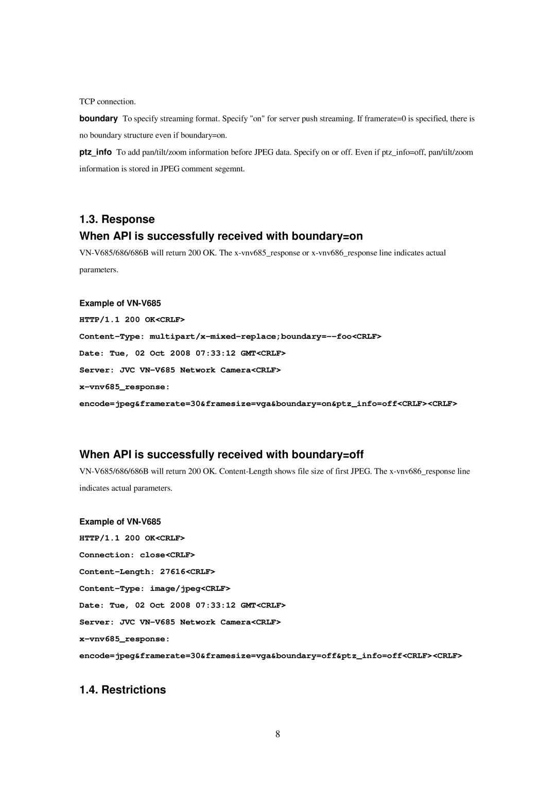 JVC VN-V685U, 686U, 686BU manual Response When API is successfully received with boundary=on, Restrictions 