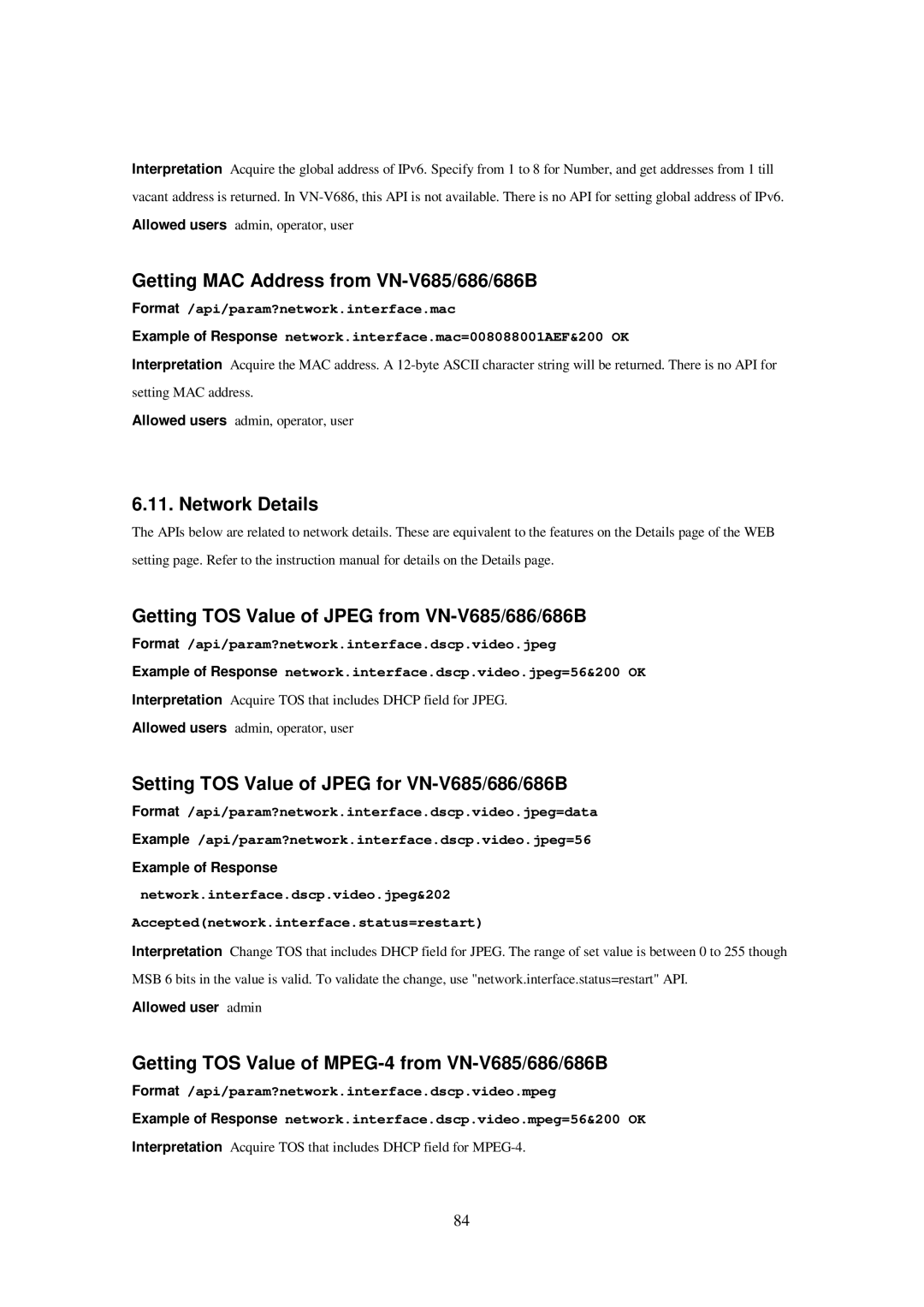 JVC 686U, 686BU, VN-V685U manual Getting MAC Address from VN-V685/686/686B, Setting TOS Value of Jpeg for VN-V685/686/686B 