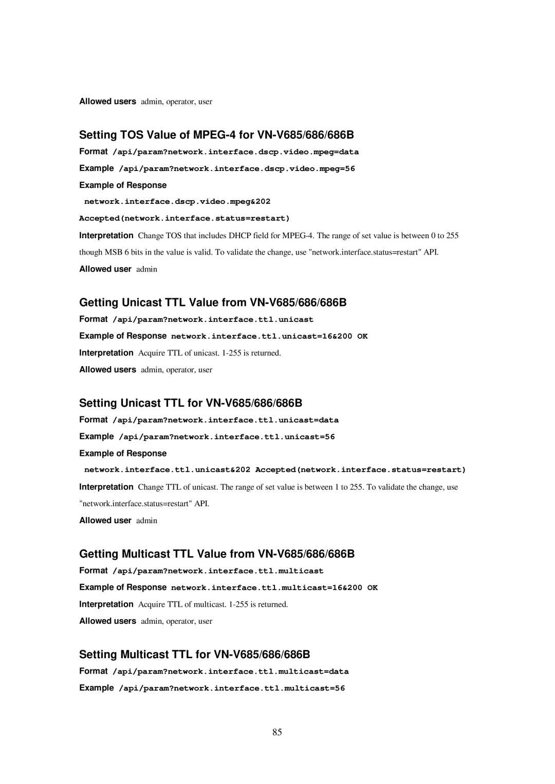 JVC 686BU, 686U, VN-V685U Setting TOS Value of MPEG-4 for VN-V685/686/686B, Getting Unicast TTL Value from VN-V685/686/686B 