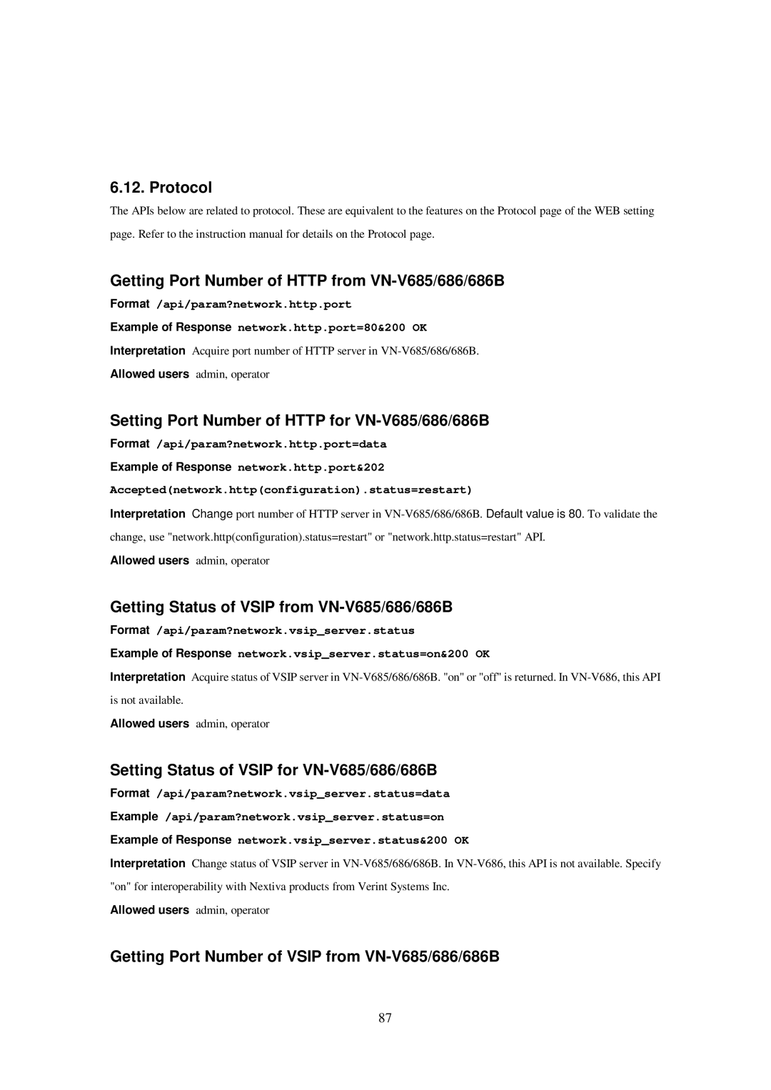 JVC 686U Protocol Getting Port Number of Http from VN-V685/686/686B, Setting Port Number of Http for VN-V685/686/686B 