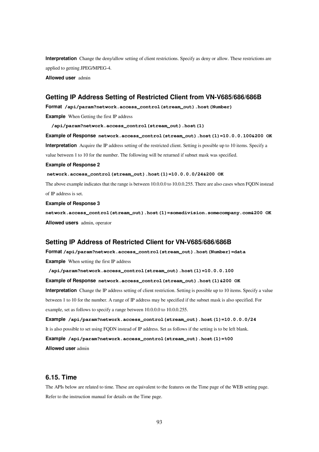 JVC 686U, 686BU, VN-V685U manual Time, Format /api/param?network.accesscontrolstreamout.hostNumber 