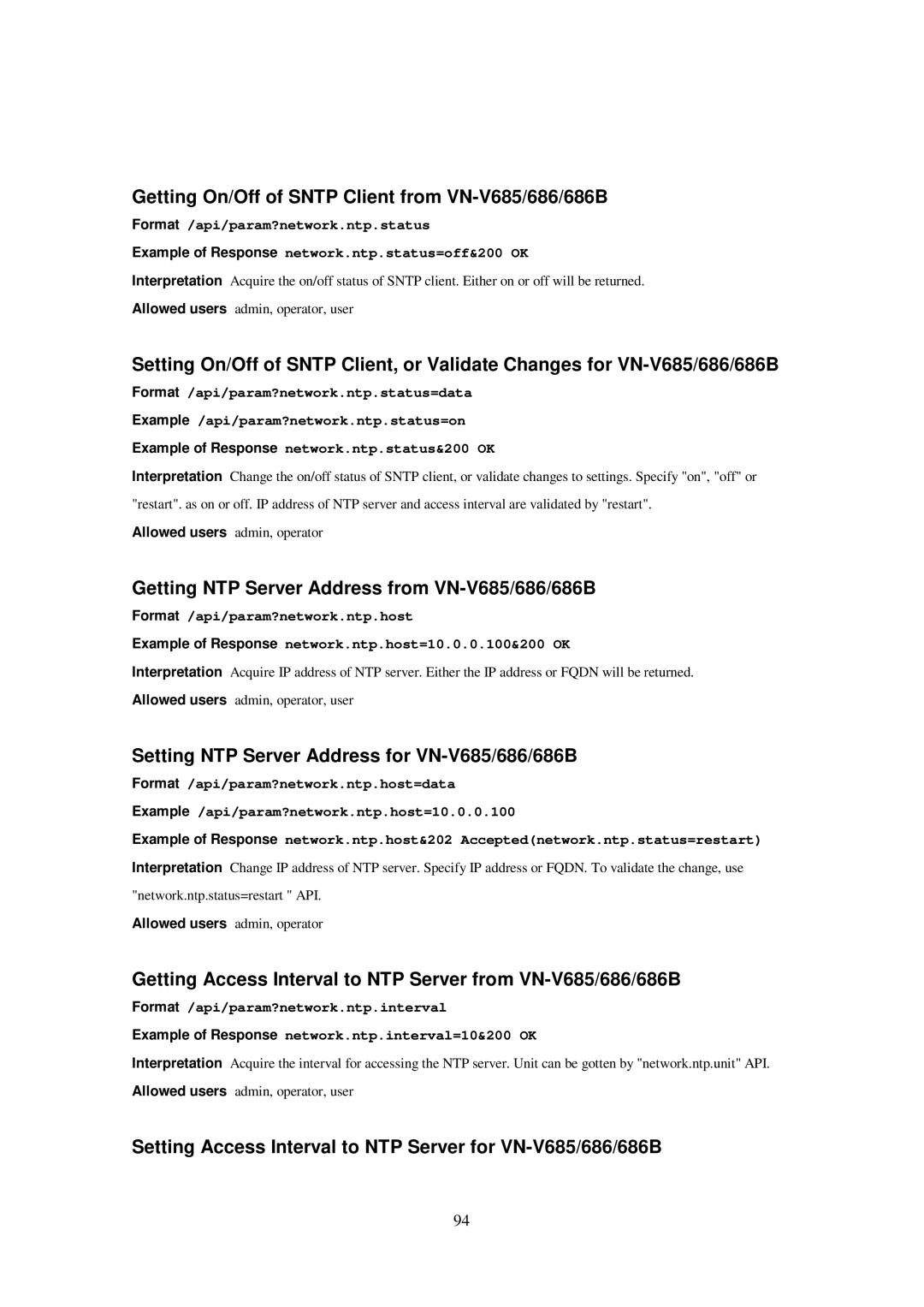 JVC 686BU, 686U manual Getting On/Off of Sntp Client from VN-V685/686/686B, Getting NTP Server Address from VN-V685/686/686B 