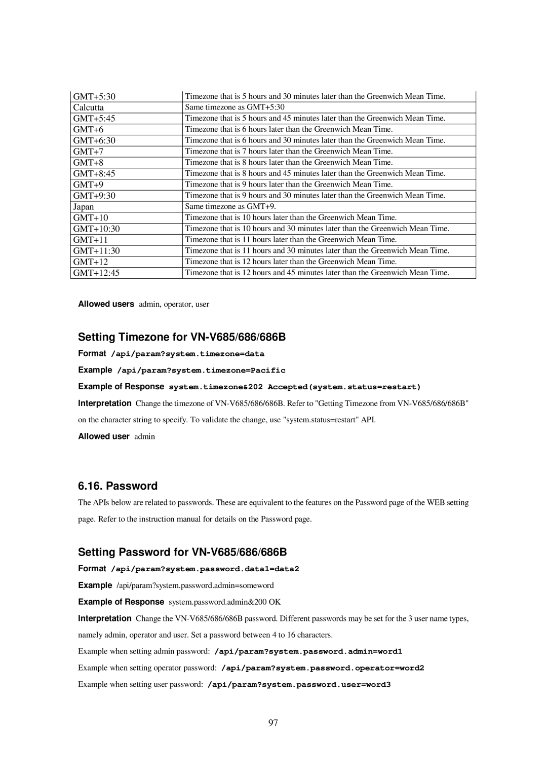 JVC 686BU, 686U, VN-V685U manual Setting Timezone for VN-V685/686/686B, Password Setting Password for VN-V685/686/686B 