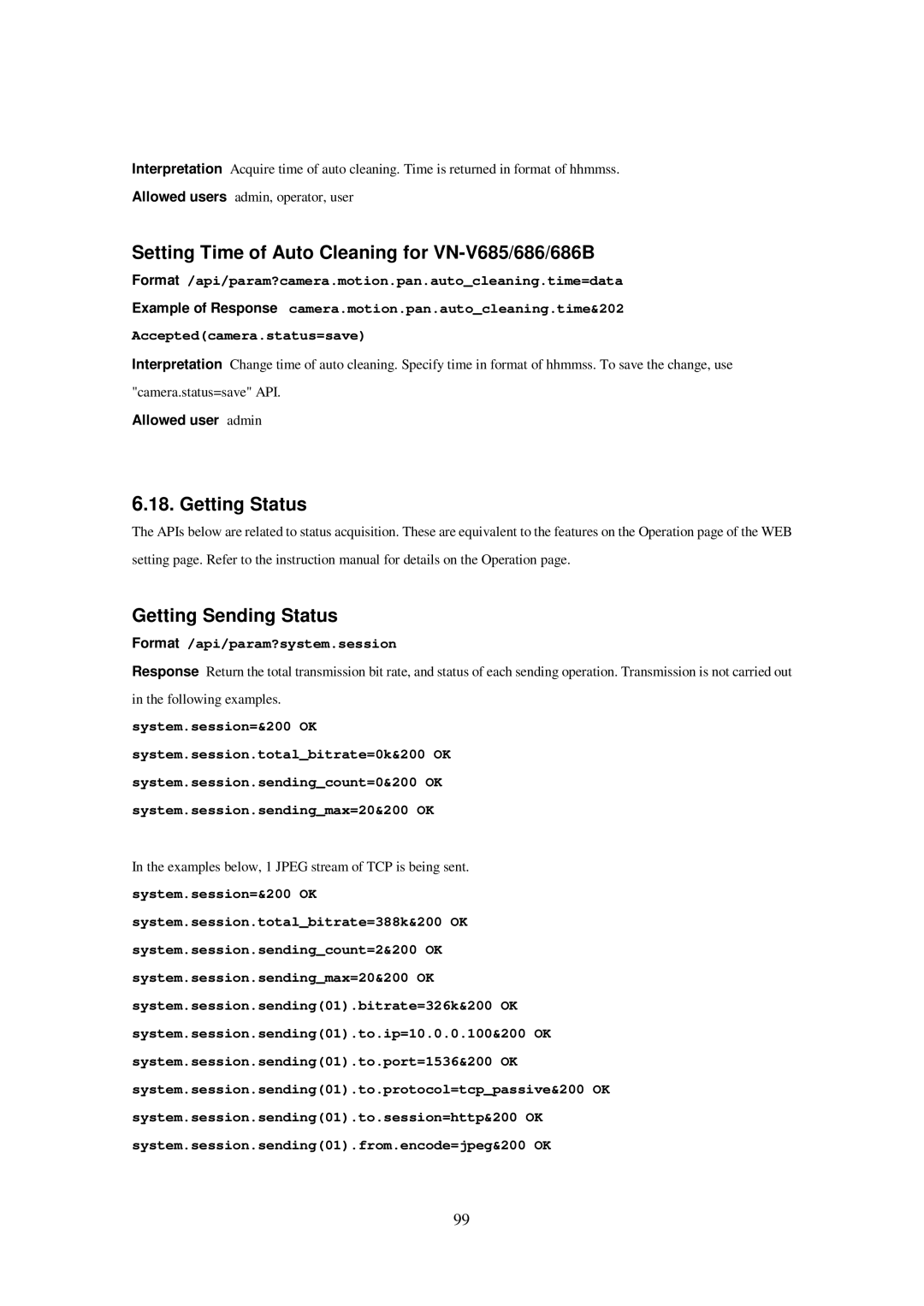 JVC 686U, 686BU, VN-V685U manual Setting Time of Auto Cleaning for VN-V685/686/686B, Getting Status Getting Sending Status 