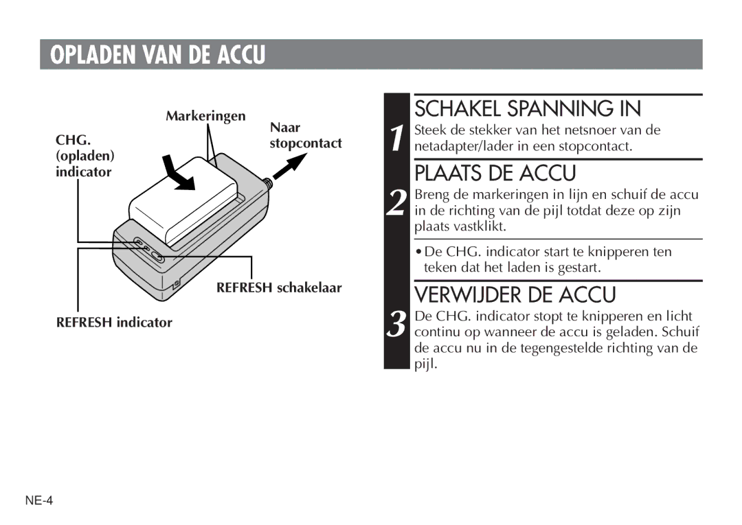 JVC AA V15EG manual Opladen VAN DE Accu, Schakel Spanning, Plaats DE Accu, Verwijder DE Accu 