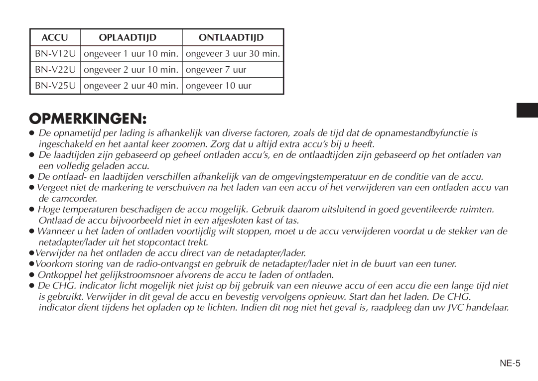 JVC AA V15EG manual Opmerkingen, Accu Oplaadtijd Ontlaadtijd 